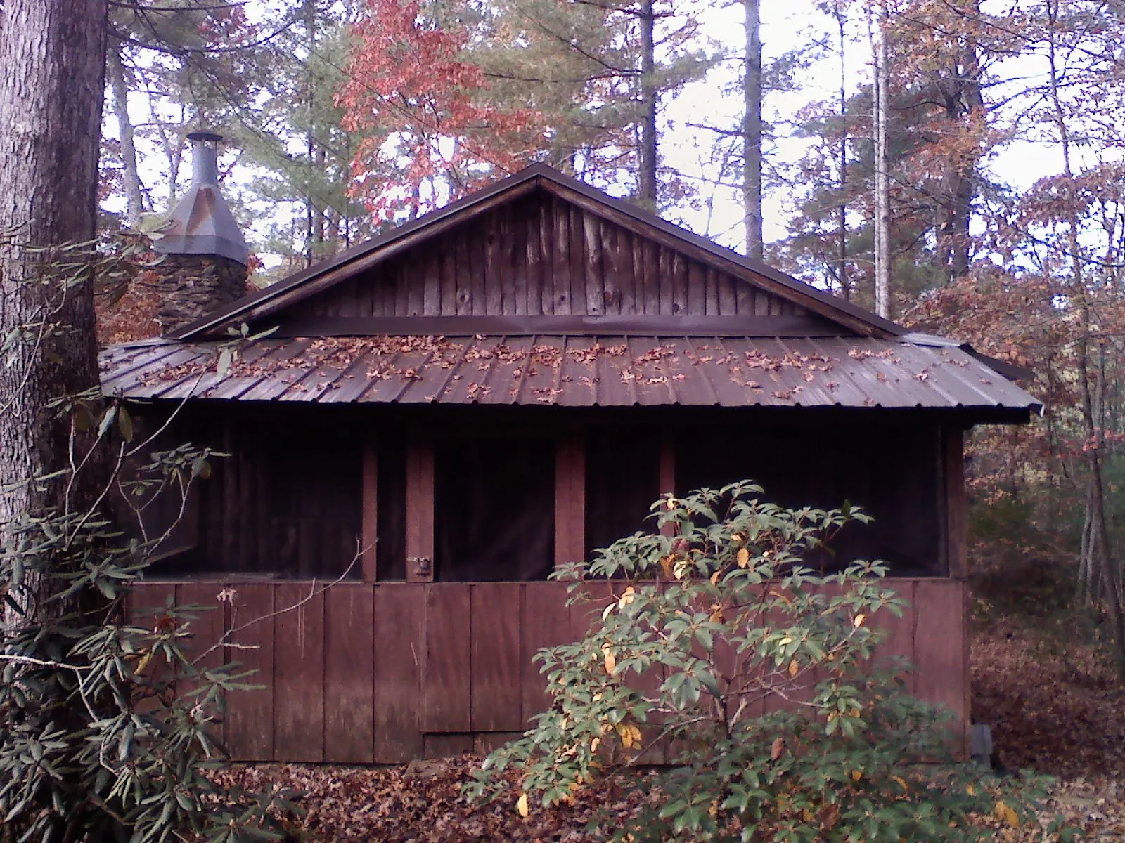 Metal roof over the screened porch of a rustic cabin in Kempner